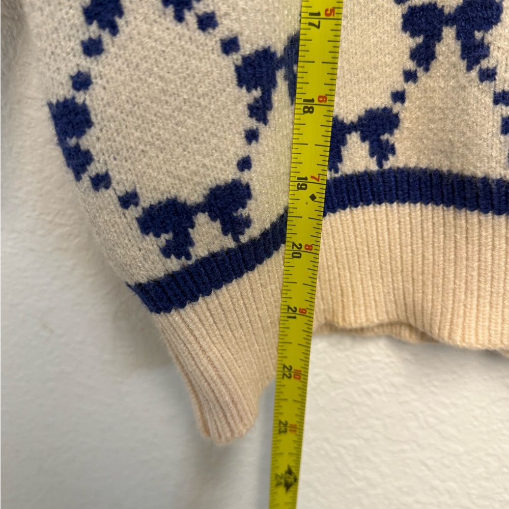 THML Blue Bow Lattice Short Sleeve Knit Sweater Cream Navy Preppy Cottagecore - Picture 5 of 9